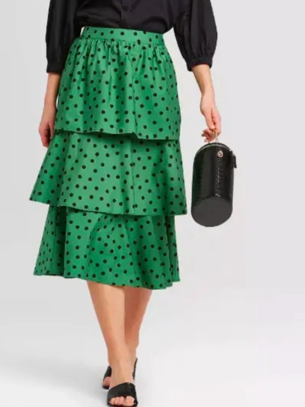 Who What Wear Green Tiered Midi Skirt with Black Polka Dots